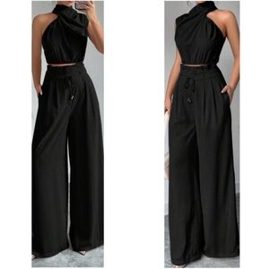 Classic Solid One Shoulder Wide Leg Pants Set XS S M L